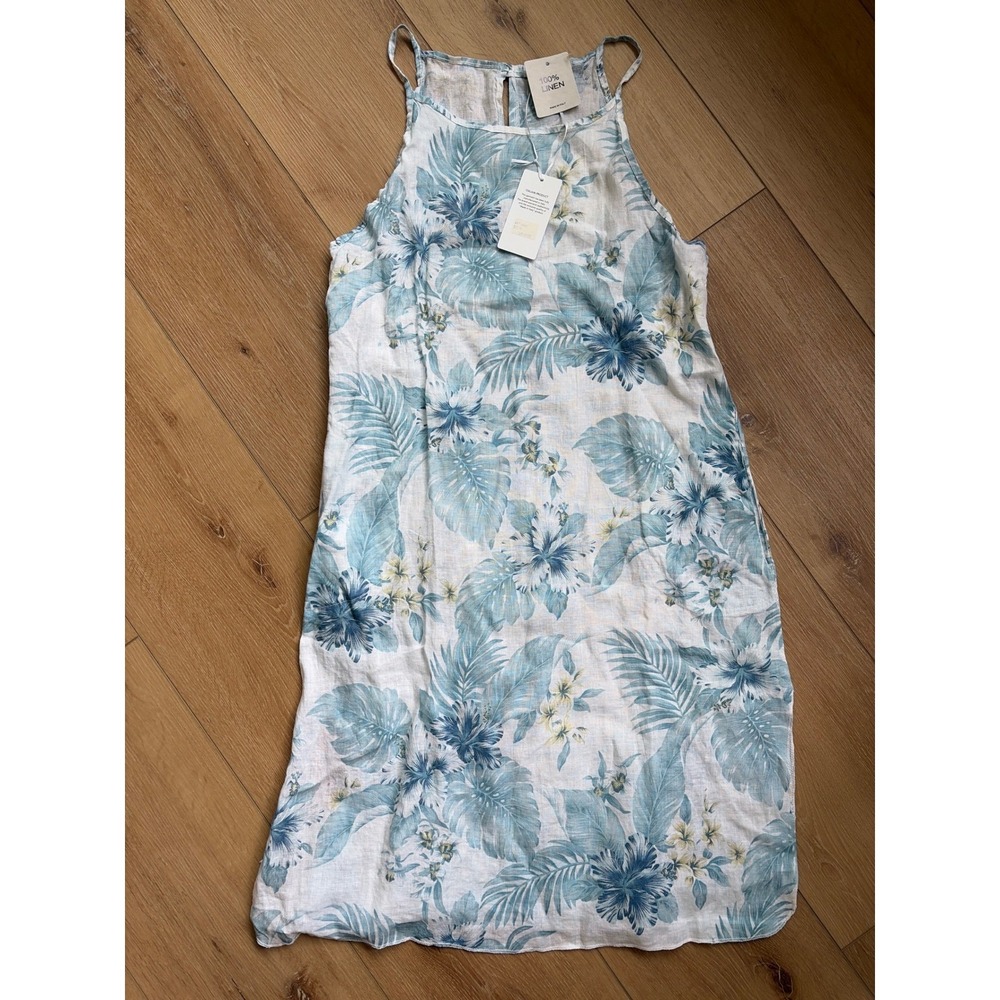 Linen Grand Italy Floral 100% Linen Midi Dress Blue Tropical Sleeveles medium - Picture 2 of 9